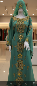 Kaftan de luxe en georgette vert émeraude avec broderies dorées complexes et embellissements perlés – Robe de soirée formelle - Product Image 2