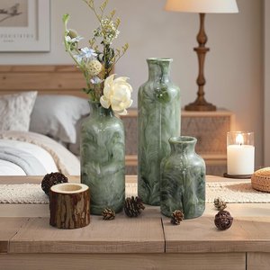 Ensemble de 3 vases à fleurs évasés en résine de marbre vert, faits à la main, écologiques, pour centre de table moderne dans le salon - Product Image 4