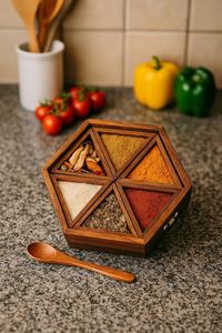 Handcrafted Hexagon <b>Spice</b> <b>Box</b> | Sheesham Wood Masala Dabba 6 Compartment Organizer - Product Image 6