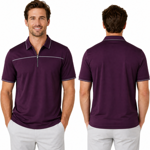 Camisa Polo Clásica Personalizada en Morado con Ribete Gris Claro, Camisa de Cierre de Cremallera para Hombre, Jersey Deportivo de Golf de Secado Rápido - Product Image 4