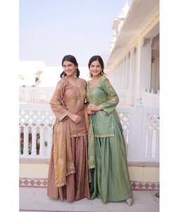 Traje Salwar Tradicional Indio para Mujer, Material Fendy Crush con Bordado de Lentejuelas Zari, Traje Sharara para Boda - Product Image 1