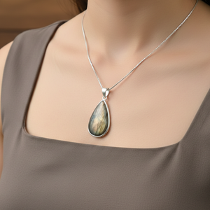 Collar con Colgante de Labradorita Natural en Forma de Lágrima, Plata de Ley 925, Chapado en Oro Rosa y Oro Amarillo, Joyería Artesanal con Piedras Preciosas para Mujer - Product Image 3