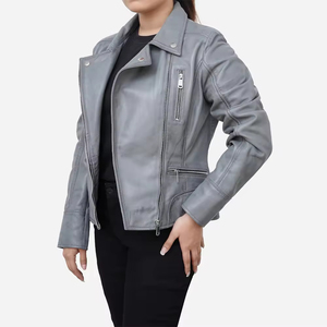 Women <b>Real</b> <b>Leather</b> Zip <b>Jacket</b> Slim Fit Casual Coat High Neck Front Closure Soft Touch Long Sleeve Modern Fashion Outerwear Whole - Product Image 4
