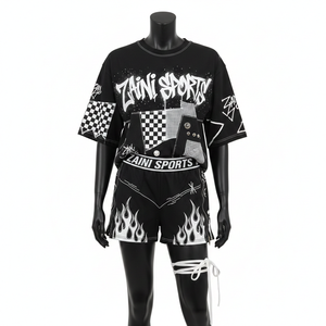 <b>Women</b> T shirt Booty <b>Short</b> Set Premium Cotton Polyester Jersey 200 GSM Black <b>White</b> Panel Design Custom Printed Logo <b>Women's</b> Sets - Product Image 1