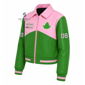 Alpha | Kapa | Alpha Sorority Women's PU <b>Leather</b> <b>Jacket</b> Zip-Up Embroidered Bomber <b>Jacket</b> Casual Varsity Racer <b>Jacket</b> Outerwear - Product Image 2