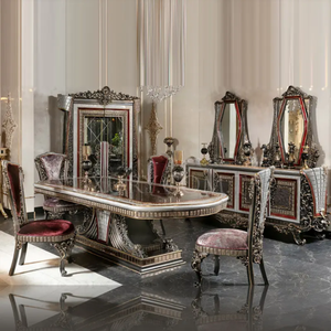Ensemble de table à manger de style européen classique de luxe en acajou massif, buffet d'appoint argenté, noir et rouge, meubles de salle à manger - Product Image 2