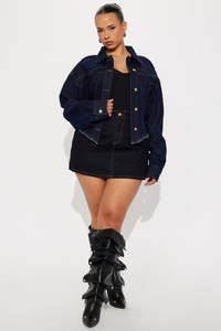 Women's Dark Wash <b>Denim</b> <b>Jacket</b> <b>Crop</b> Top Loose Fit Button Front Casual Autumn Style Solid Color Cotton Woven Coat - Product Image 3