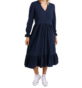 Vestido Midi Casual de Moda con Cuello en V, Mangas hasta el Codo, Puños Elásticos, Silueta en A, Ecológico - Product Image 1