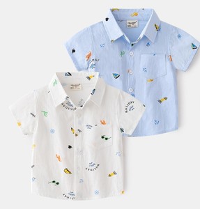 เสื้อเชิ้ตผ้าฝ้ายพิมพ์ลายแขนสั้นสีฟ้าอ่อนสำหรับเด็กผู้ชาย ปกคอพับแบบลำลองพร้อมกระเป๋าเสื้อระบายอากาศสำหรับฤดูร้อน - Product Image 6