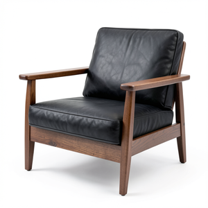 Sillón de Cuero Vacuno Genuino Negro de Lujo con Estructura de Madera Marrón Natural, Sillón Moderno para Sala de Estar, Muebles para el Hogar - Product Image 1