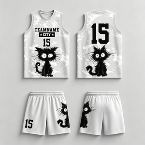 ชุดเสื้อบาสเก็ตบอลแบบยูนิเซ็กซ์พร้อมลายพิมพ์การ์ตูนแมวแบบซับลิเมชั่น 15 ทีมเนมซิตี้เสื้อกล้ามแขนกุดสีขาวและกางเกงขาสั้น - Product Image 4