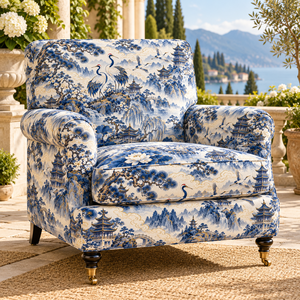 Tissu d'ameublement en velours imprimé paysage de pagode grue bleue et blanche pour chaise - Product Image 1