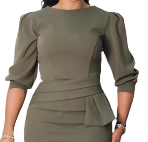 Elegante Vestido Lápiz Verde Oliva con Mangas Abullonadas y Cinturón para Oficina - Product Image 2