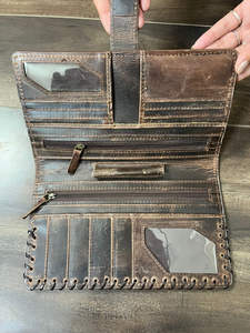 New Arrival Western Genuine Hair On Cowhide Long <b>Wallets</b> with Hand Tooled Leather Floral Design Handmade Leather <b>Women's</b> <b>Wallet</b> - Product Image 6