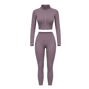<b>Women</b> Eco-Friendly Solid Two Piece Workout Set Full Zipper Front Seamless Breathable Sports <b>Jacket</b> High Waisted Leggings Gym - Product Image 5