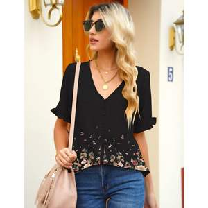 2025 femmes décontracté col en V diamant décor Blouses respirant imprimé débardeurs à volants manches courtes bouton conception Style quotidien - Product Image 2