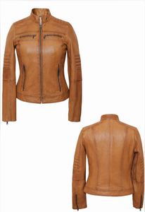 Veste en cuir d'agneau véritable rouge coupe-vent à col montant avec doublure en laine pour femme, fermeture éclair cloutée, style motard, coupe classique pour l'hiver - Product Image 2