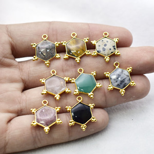 Dendritic <b>Opal</b> Hexagon <b>Pendant</b> 10mm Natural Gemstone Charm Gold Plated Bezel Connector Jewelry Making Supply - Product Image 4