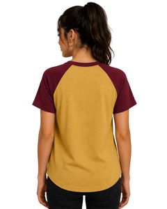 T-shirt Raglan Personnalisé Jaune Moutarde et Bordeaux pour Femme – Col Rond Décontracté, Manches Courtes, Mélange de Coton Doux, Tendance Estivale - Product Image 2