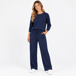 Women's Navy Ribbed <b>Lounge</b> <b>Set</b> Long Sleeve Crew Neck Top Wide Leg Drawstring Pants Casual <b>Two</b> <b>Piece</b> Outfit Wholesale OEM Apparel - Product Image 1