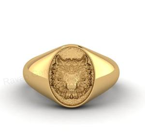 Anillo de sello clásico ovalado de lobo salvaje de 10x14 mm, chapado en oro de 18k, plata maciza 925, joyería fina para hombre, con diseño de Memento Mori. - Product Image 4