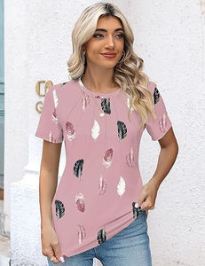 Blouses décontractées pour femmes à col rond et manches courtes, imprimé feuilles, logo frontal, écologiques, vêtements tendance 2026 - Product Image 2