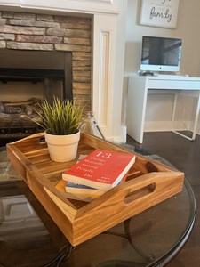 Large Teak Wood <b>Tray</b> with handles - Natural Wood Vintage Bed <b>breakfast</b> Perfect gift Modern Walnut Wood <b>Tray</b> Ottoman - Product Image 2