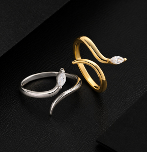 925 Sterling Silver 18K Gold Marquise Cut Cubic Zirconia Tiny Snake Women's Ring Prong Setting Minimalist Unisex Everyday Wear - Product Image 2