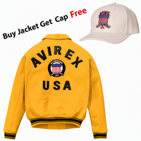 Blouson aviateur en cuir blanc pour homme Avirex, coupe-vent, fermeture éclair, col montant, logo brodé sur le devant, doublure en sherpa pour l'hiver, finition délavée