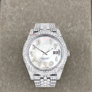 Montre de fête en diamant à cadran en nacre faite à la main, montre Moissanite à chiffres arabes de style Hip Hop, montre Moissanite réglée à la main - Product Image 1