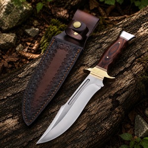 Couteau de chasse artisanal en acier inoxydable D2 à pointe tombante |   Couteau de survie à lame fixe, manche en bois, cuir véritable, DIY - Product Image 1