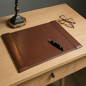Tapis de bureau en cuir marron de luxe avec rebords latéraux en cuir collé - Product Image 1
