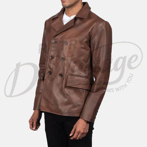 Manteau en cuir marron croisé pour homme, en véritable peau de mouton, col large classique, style décontracté et professionnel - Product Image 5