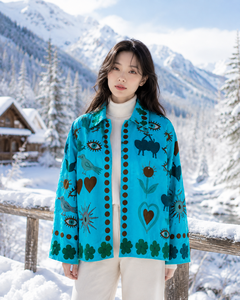 Turquoise <b>Velvet</b> Suzani <b>Jacket</b> <b>Women</b> Hand Embroidered Abstract Floral Boho Coat Ethnic Designer Outerwear Wholesale India - Product Image 2