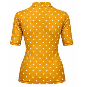 Orange Gold Polka Dot Women <b>Mock</b> <b>Neck</b> Short Sleeve T Shirt Slim Fit Printed Casual Stretch <b>Top</b> Fashion Summer Wear Wholesale - Product Image 2