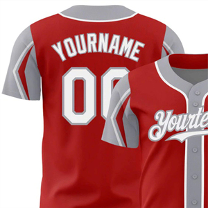 Maillot de baseball rouge classique avec accents gris, logo Yourteams et numéro 00, idéal pour les uniformes sportifs professionnels en studio. - Product Image 4