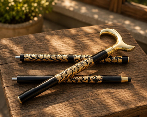 Canne de marche en bois noir sculpté à motifs floraux avec poignée en laiton, canne de gentleman vintage, canne décorative faite à la main, cadeau élégant - Product Image 4