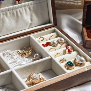 Polished Wooden Rectangle Jewelry Storage <b>Box</b> Velvet Lined Ring Necklace Display <b>Holder</b> for Gift Packaging - Product Image 1