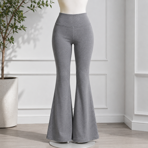 High Waist Flare <b>Pants</b> Women Gray Knitted Full Length Casual Solid Color Elastic Waist Breathable Regular Fit Spring Style - Product Image 4