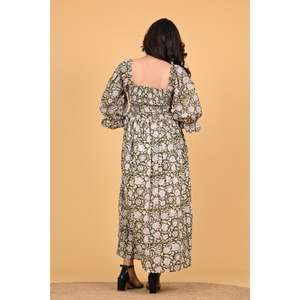 Robe maxi bohème en coton 100% indien à imprimé bloc, pour femmes, à manches longues smockées, pour l'été et l'automne, à porter pour les fêtes - Product Image 5