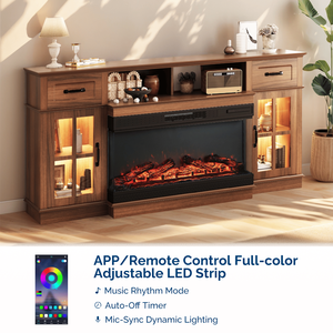 70-Inch <b>Deep</b> Walnut Media Console with Lattice Glass 2 Doors 2 Drawers <b>Shelf</b> for 36\" 3-Sided Fireplace Insert - Product Image 2