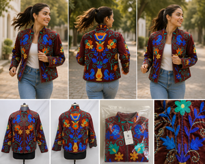 Bird Embroidery Bomber Jacket Handmade <b>Needlework</b> Women Rust Velvet Party Wear Masterpiece Cotton Lining Side Pockets Coat - Product Image 5