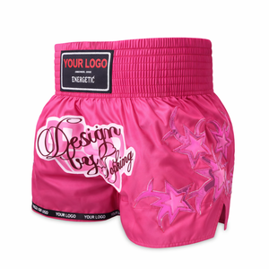 Pantalones Cortos de Muay Thai de Moda, Pantalones Cortos de Boxeo Tailandés de Satén Rosa, Pantalones Cortos de Pierna Ancha para Entrenamiento de Kickboxing, Fabricante OEM - Product Image 1