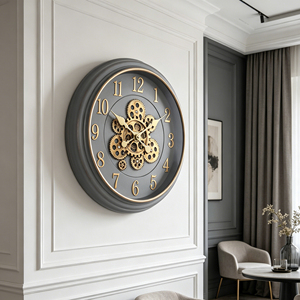 Moving gear wall <b>clock</b> 18 inch gray luxury rustic frame with <b>silent</b> vintage gold numbers for home décor - Product Image 4