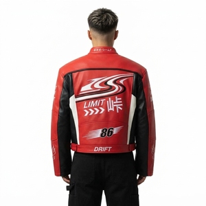 Blouson moto en cuir rouge avec impression par transfert thermique et motifs de patchs, col montant, fermeture éclair, pour homme - Product Image 2