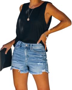 Shorts en jean déchiré taille haute pour femme, ourlet asymétrique effiloché, style décontracté d'été, coupe régulière, bleu clair en coton - Product Image 1
