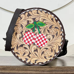Bolso de mano de cuero genuino con cremallera redonda y diseño floral de cereza, estilo vintage para mujer, ideal para la noche o compras. - Product Image 4