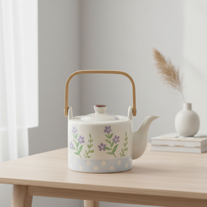Théière en grès céramique de style nordique de qualité supérieure 3460937-0.65 avec couvercle à poignée en bois et motif floral estampé, capacité 650 ml - Product Image 6