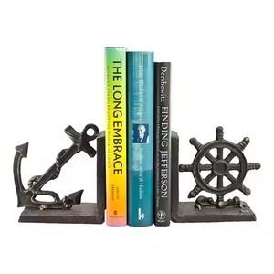 Serre-livres métalliques haut de gamme, design ancre et gouvernail, style côtier, décoration de bureau sculpturale, lot de 2 - Product Image 1