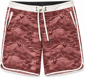 Short de bain pour homme personnalisé en polyester/spandex, motif vague rouge, séchage rapide, cordon de serrage décontracté, longueur courte, tissu satiné - Product Image 1